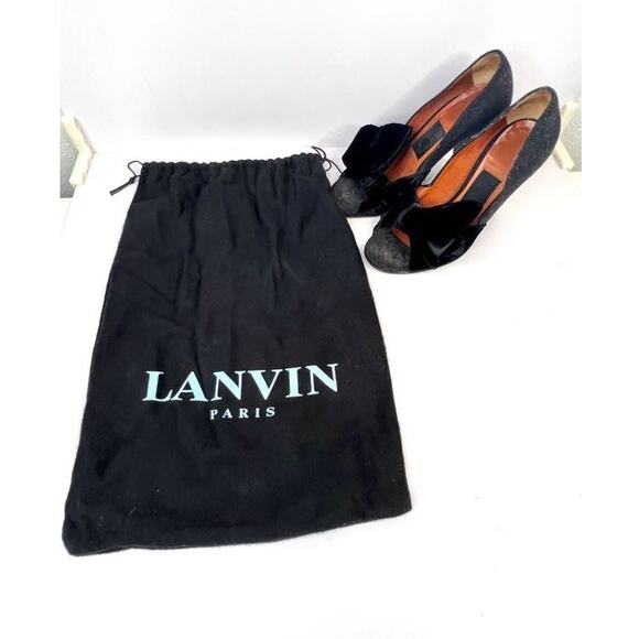 Lanvin Size 5.5 Black Felt, Velvet Bow Embellished Open Toe Sculpted 3.5 Heel - Picture 8 of 13